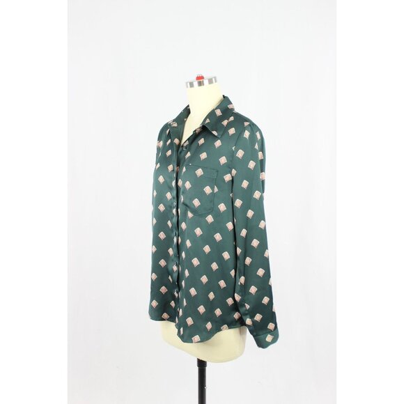 L'ACADEMIE Green Art Deco Shell Print Satin Button Down Shirt Blouse, Size XS - Picture 4 of 12